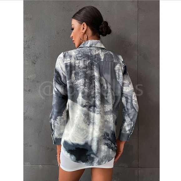 Abstract Marble Print Button Down Collared Long Sleeve Dress Shirt Top Grey - Picture 4 of 7